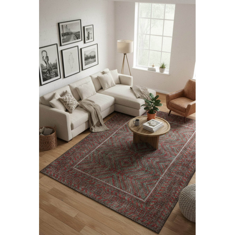Tapis rouge / turquoise à motif tissé classique, Rectangle 3 pi 10 po x 5 pi 3 po
