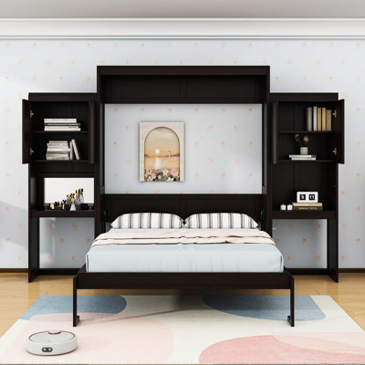 Grand lit escamotable en bois avec coiffeuse et armoire et lattes