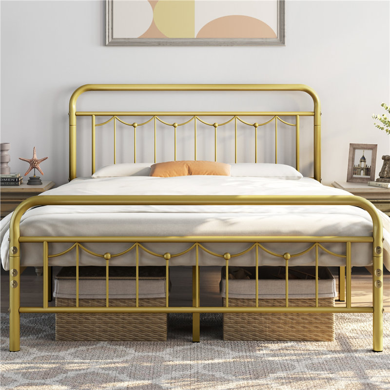 Dravin Metal Platform Bed Frame with Vintage Headboard and Footboard, Queen, Antique Gold