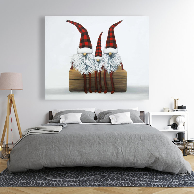 Trois gnomes de Noël - art sur toile rouge