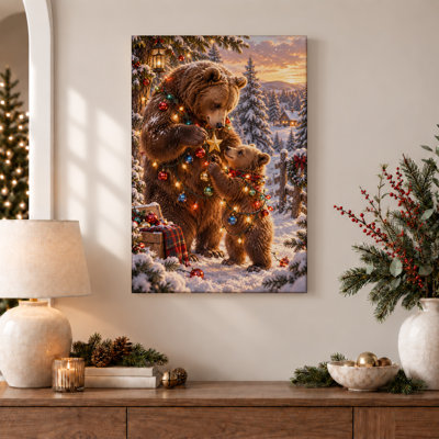 «Brown Bears with Lights In Snowy Winter Forest Christmas», art mural sur toile