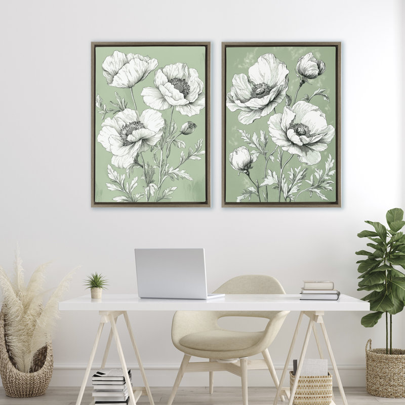 Ensemble de cadres flottants vintage vert coquelicot 2 pièces par Petal Prints Design, H 31 po x l 21 po