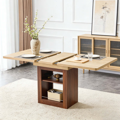 59"-71" Expandable Rectangular Dining Table With Storage Shelves, Walnut MDF Frame Extendable Kitchen Table For 4-8 People