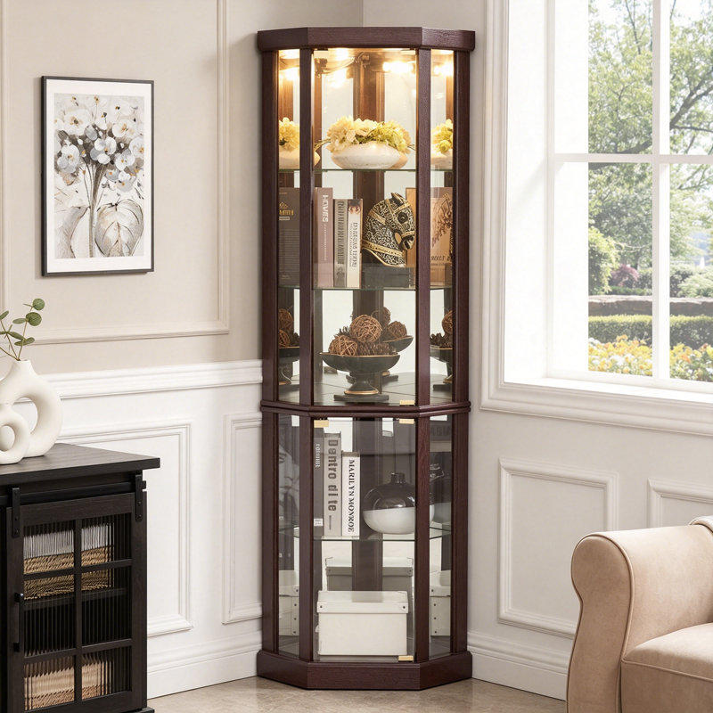 Vitrine de coin lumineuse avec vitrine élégante, Cerisier