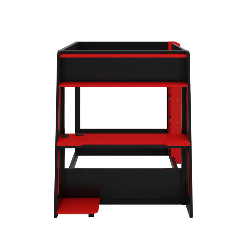 Lit superposé double en bois pleine grandeur avec bureau, USB et DEL, Lit double, Noir / Rouge