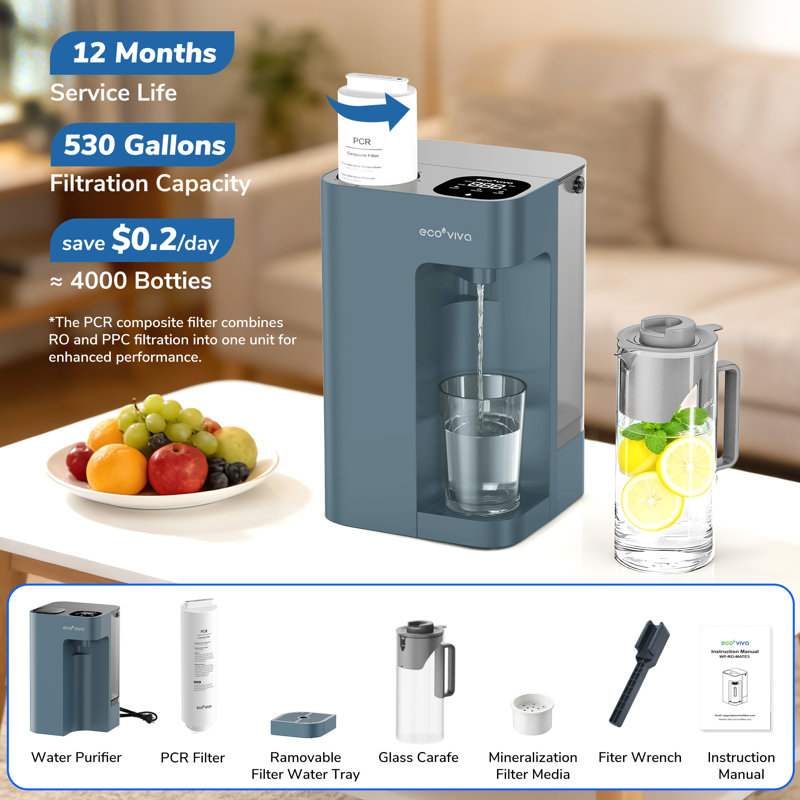 Countertop Reverse Osmosis Water Filter System 8-Stage Purification With Remineralization And TDS & Filter Life Monitor, 3:1 Pure To Drain
