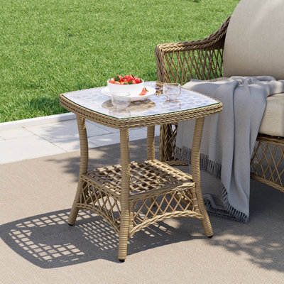 Kyla Lindenwold 1-Piece Wicker Patio Side Table With Glass Tabletop