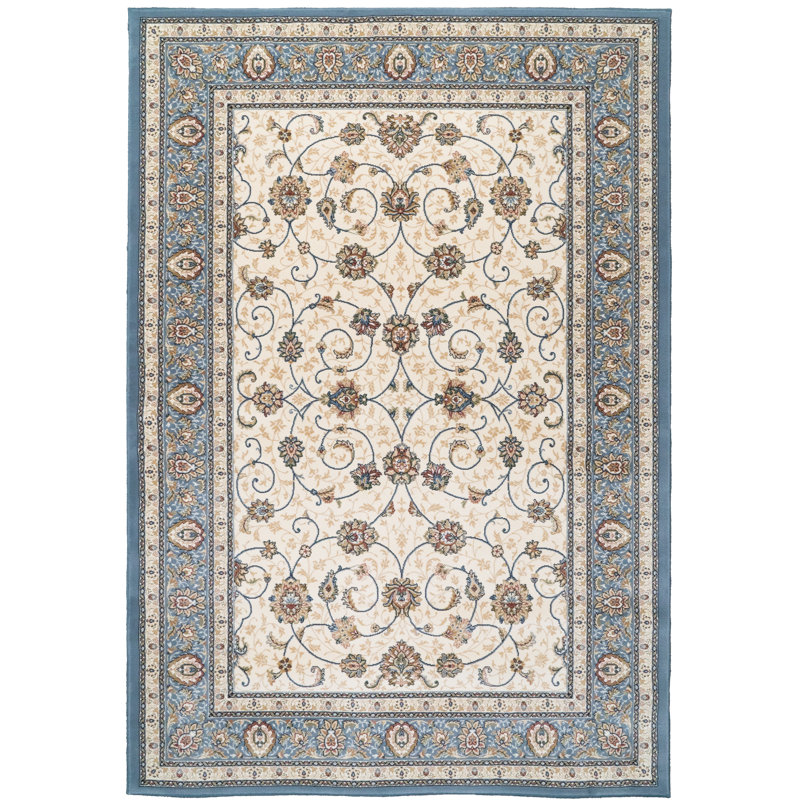 Tapis ivoire/bleu ciel floral Attell, Rectangle 9 pi 2 po x 12 pi 10 po