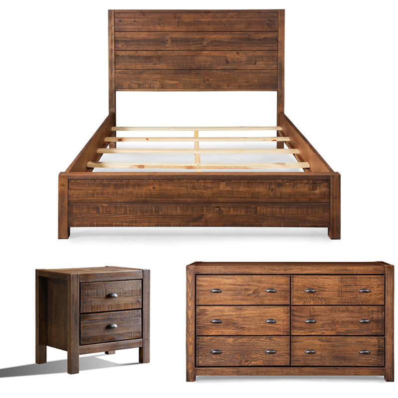 Montauk Solid Wood Bedroom Set, Rustic Walnut, Queen, 3 Pcs: Bed, Nightstand, Double Dresser