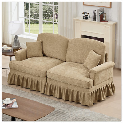 Élégant grand canapé à deux places Mid-Century élégant avec accoudoirs évasés, jupes plissées à volants et pieds fuselés, causeuse en chenille confortable pour le salon