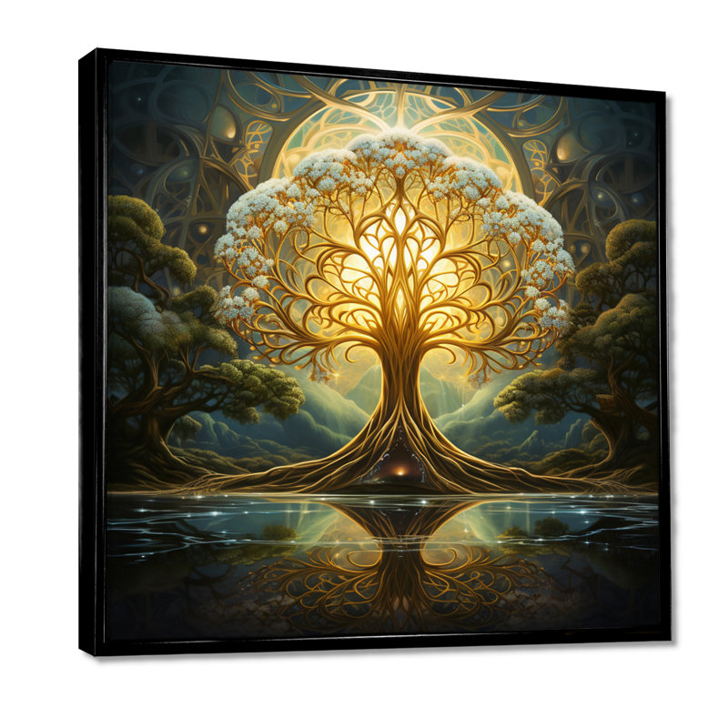 Magical Tree Of Life Full Moon Magic - Tree Oak Wall Art Print, Black Floater Framed Canvas, 16" H x 16" W x 1" D