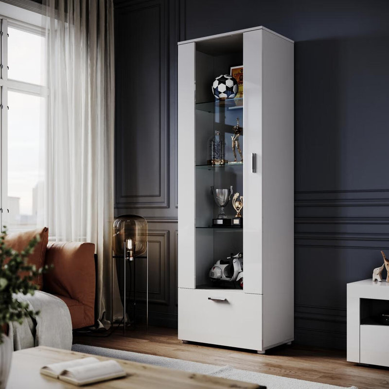 187*60*40cm High Display Cabinet with RGB Colour Changing Multi-Tier Storage, White