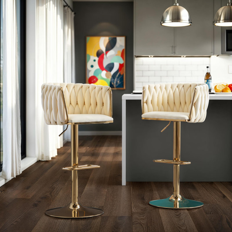 Set of 2 Velvet Upholstery Bar Stools – Chrome Footrest, Swivel, Height Adjustable Design for Kitchen or Bar, Ivory