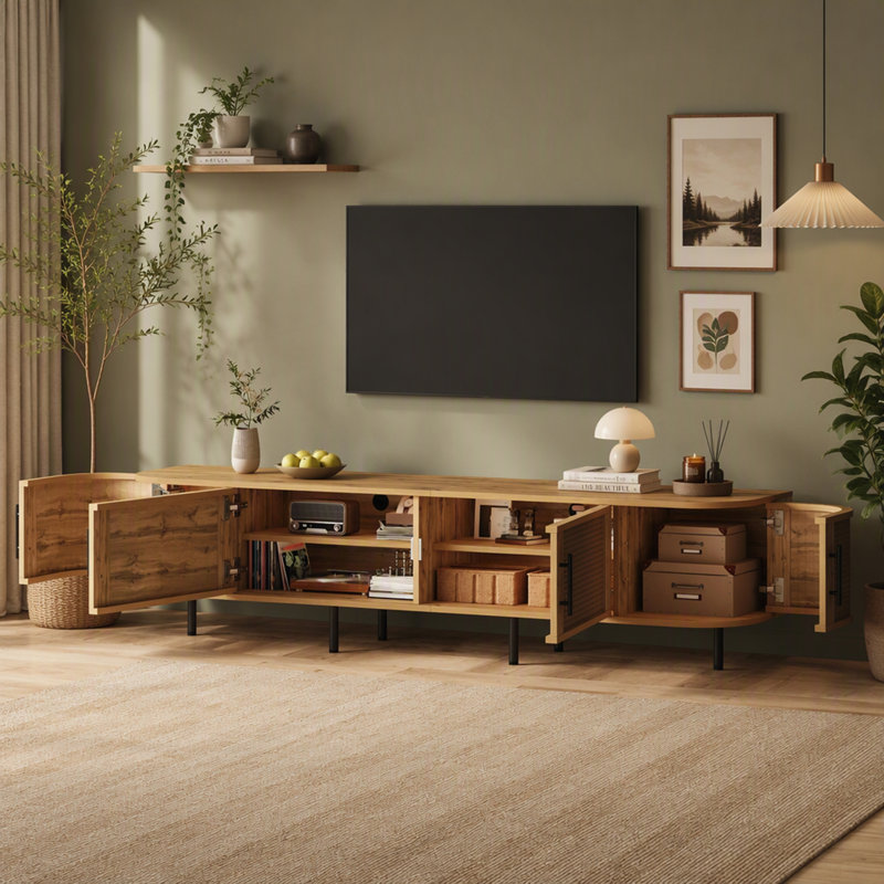 Meuble télé 70 po avec portes en rotin pour téléviseur de 80 po ou moins, console multimédia avec espace de rangement et trous pour câbles, meuble audio-vidéo pour salon