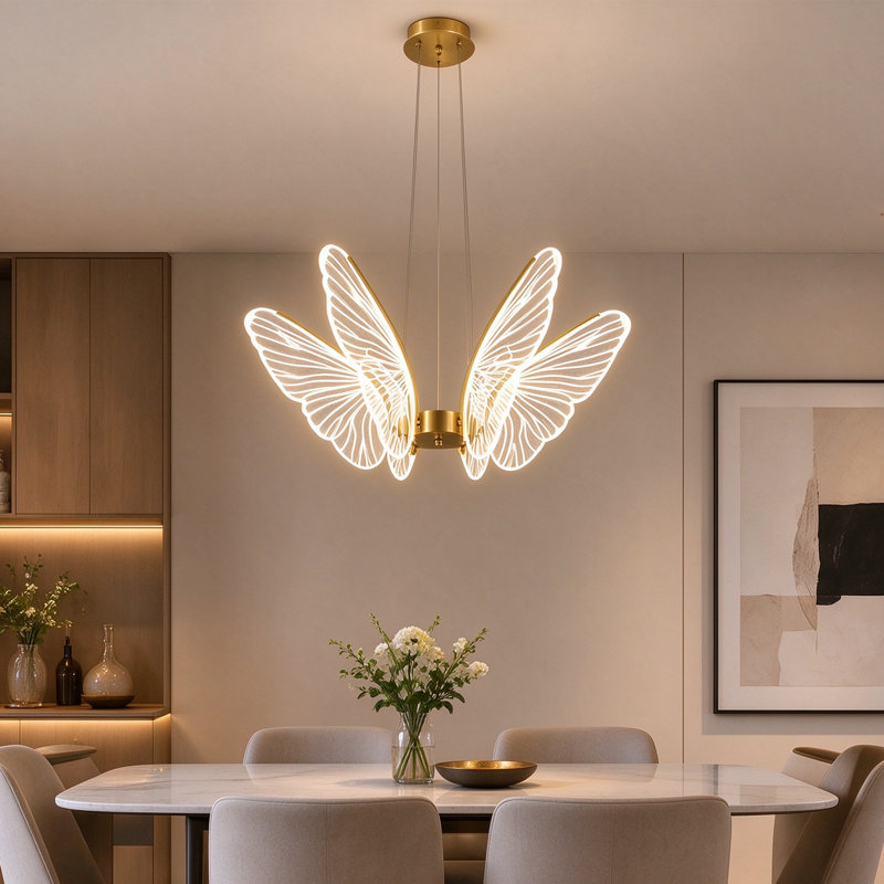Suspension papillon à DEL papillon créative, lustre en métal doré et acrylique transparent, luminaire à intensité variable pour table à manger ou hall d'entrée
