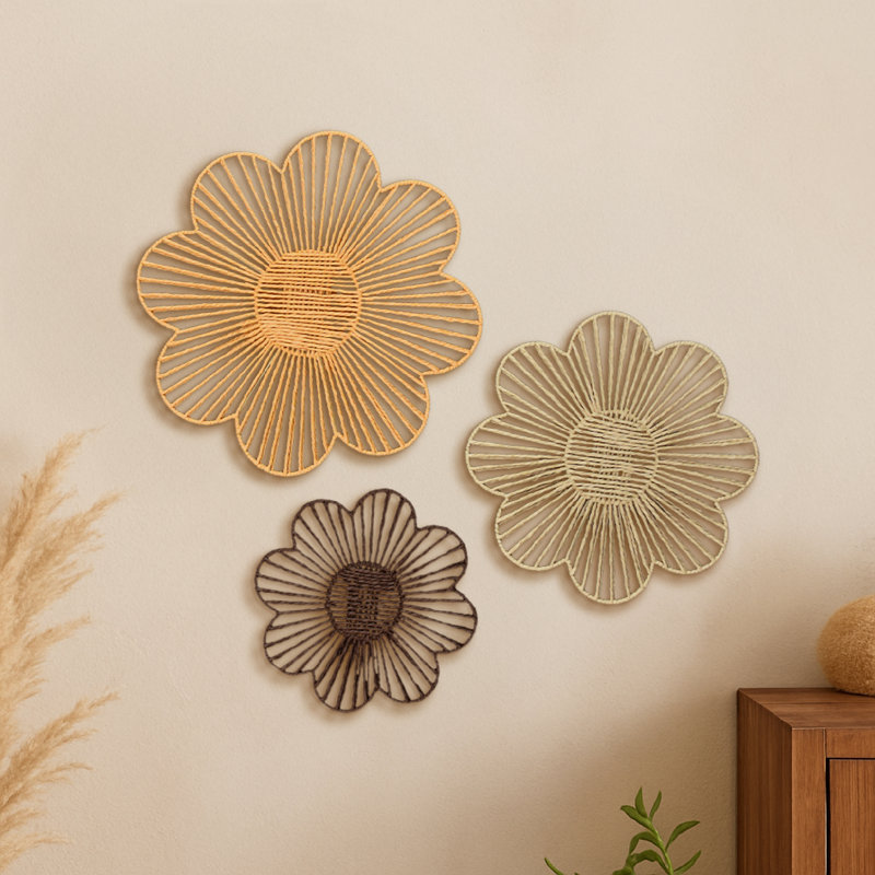 Ensemble de 3 décorations murales florales en papier floral - Boho, Beige / brun / naturel