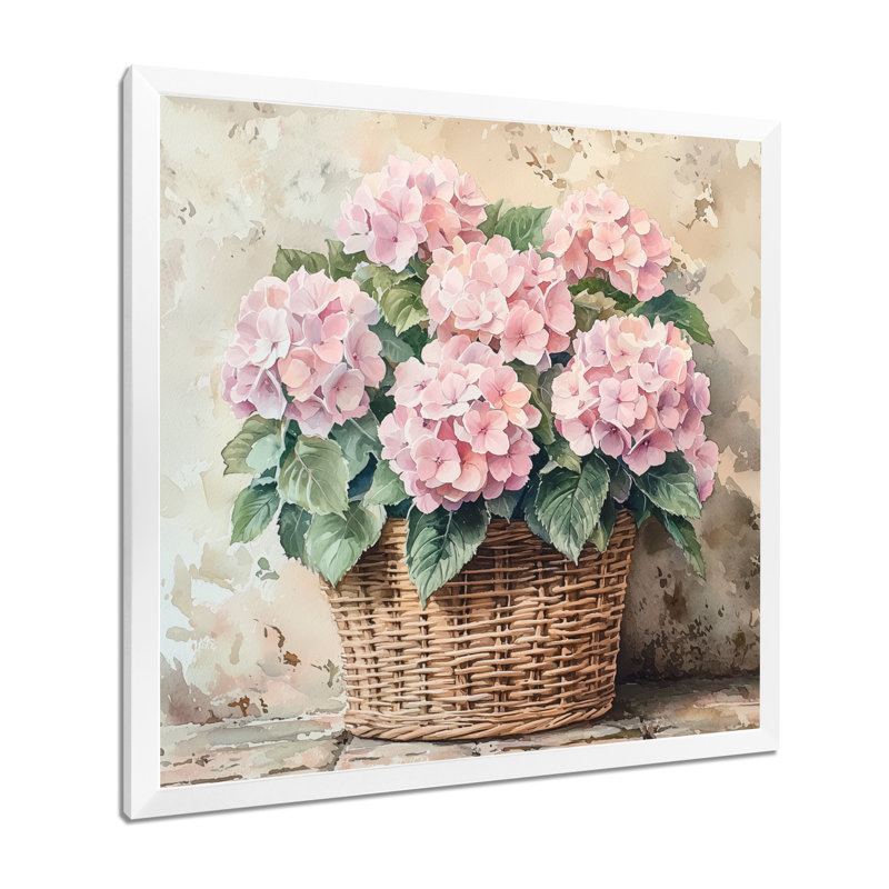 Hortensias dans un panier rétro I - hydrangées grand art mural, H 36 po x l 36 po, Reproduction encadrée d'une seule photo