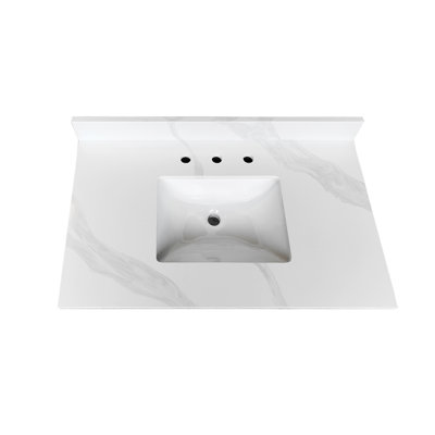 Plateau de meuble-lavabo en quartz de 37 po, lavabo central encastré à simple cuve de 3/4 po d'épaisseur, dosseret de 4 po de hauteur, 3 trous de robinet pré-percés, résistant aux taches et à la chaleur, quartz blanc de Carrare avec veines