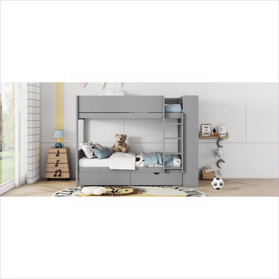 Solid Wood Twin Over Twin Platform Bunk Bed, Neutral Gray Residential Bedroom Bed with Integrated Drawer and Cabinet Storage