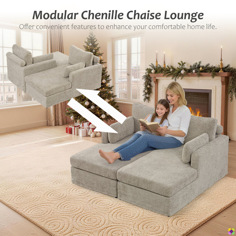 Méridienne en chenille de 63,4 po de large Braidon, coussin de dossier renforcé, Taupe
