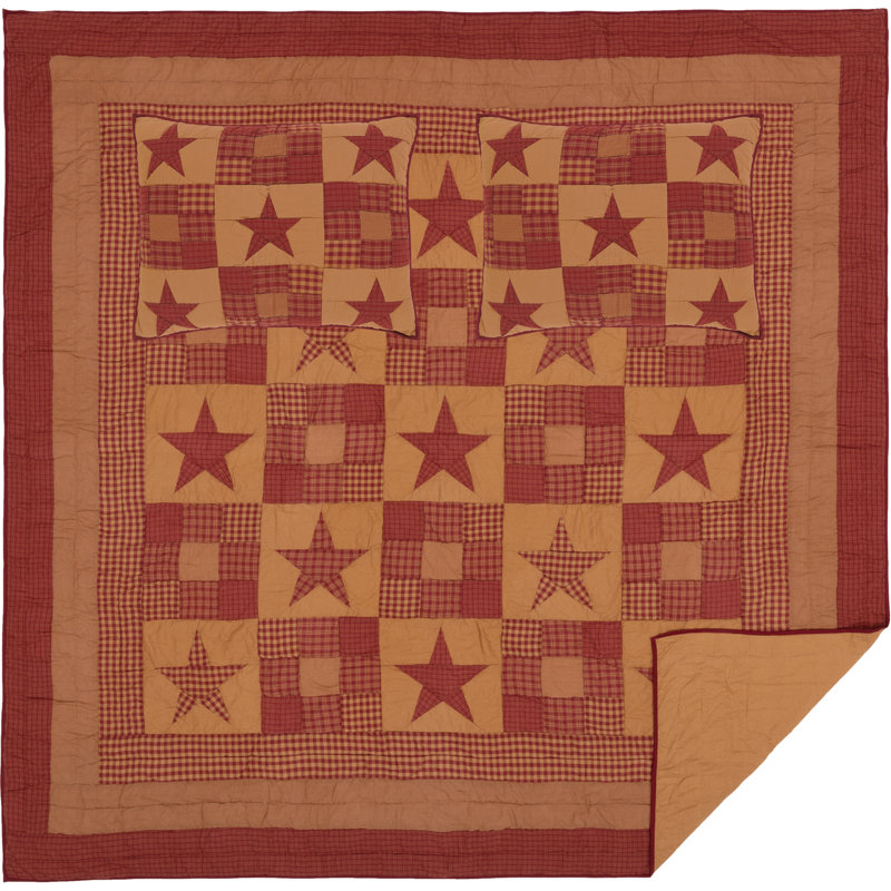 Ninepatch Star Cotton Patchwork Quilt, Queen Quilt + 2 Shams