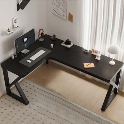 Bureau d'écriture en bois massif noir en forme de L