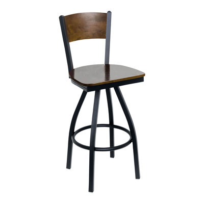 Dale Solid Wood Back Swivel Barstool - Walnut Back - Walnut Wood Seat - Steel Frame - Sand Black Finish