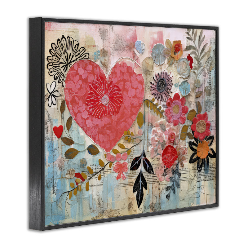 «Playful Heart & Flowers», art de la giclée encadrée par LSR Design Studio, Giclée encadrée noir minuit, H 11 po x l 14 po
