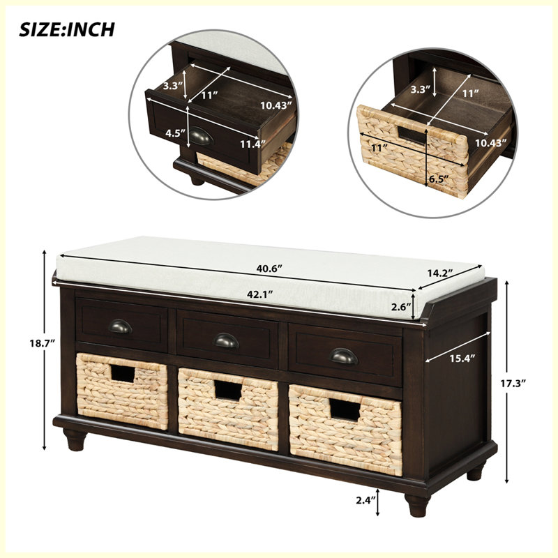 Rustic Storage Bench with 3 Drawers and 3 Rattan Baskets for Living Room, Entryway, Espresso