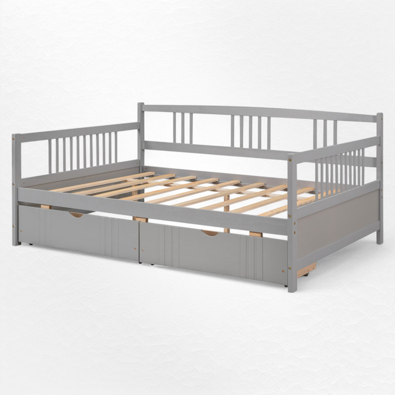 Lit de jour double en bois massif, Gris, Lit double