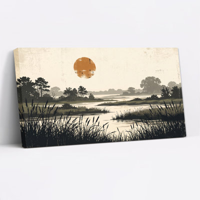 «Vintage River Landscape with Orange Sun and Trees», art mural sur toile