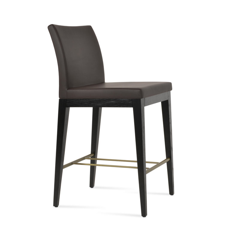 Tabouret de bar et de comptoir en bois de frêne noir Aria, Similicuir brun en microfibres de polyester et de