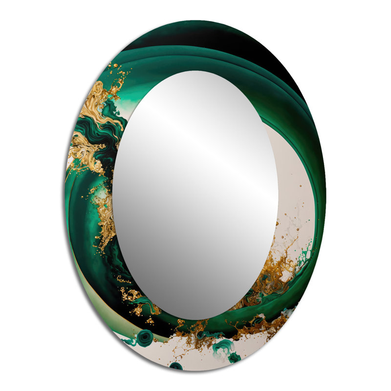 Pazley Emerald Green And Gold Abstract Waves II - Abstract Spirals Mirror, Green Decorative Wall Mirror, Printed Metal Art