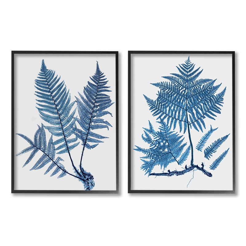 A2-567 - Estampe numérique, fougères bleues et boisées, 2 pièces, H 20 po x l 16 po x P 1,5 po, Giclée encadrée noir minuit
