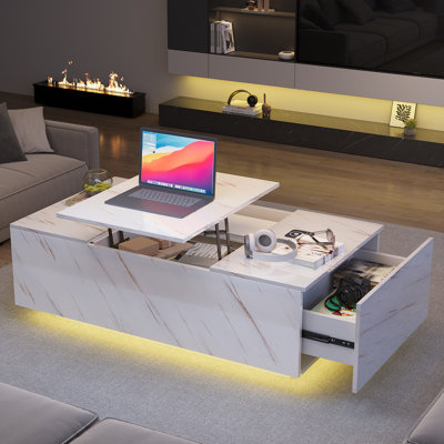 Table basse à plateau relevable avec rangement, lumières DEL 24 couleurs, chargement sans fil et haut-parleur Bluetooth pour le salon