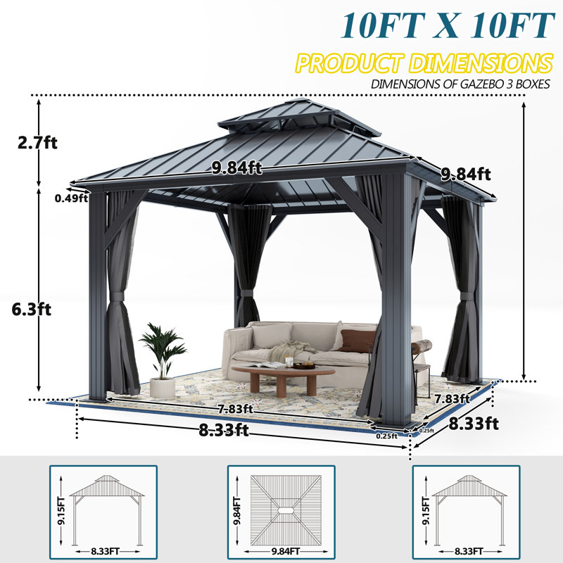 10 ft x 10 ft Black Aluminum Frame Gazebo with Curtains and Netting