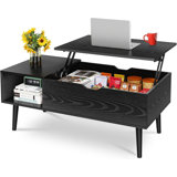 Table basse à plateau relevable en bois massif avec compartiment caché et tablette de rangement pour le salon, le bureau et les espaces polyvalents, ébène