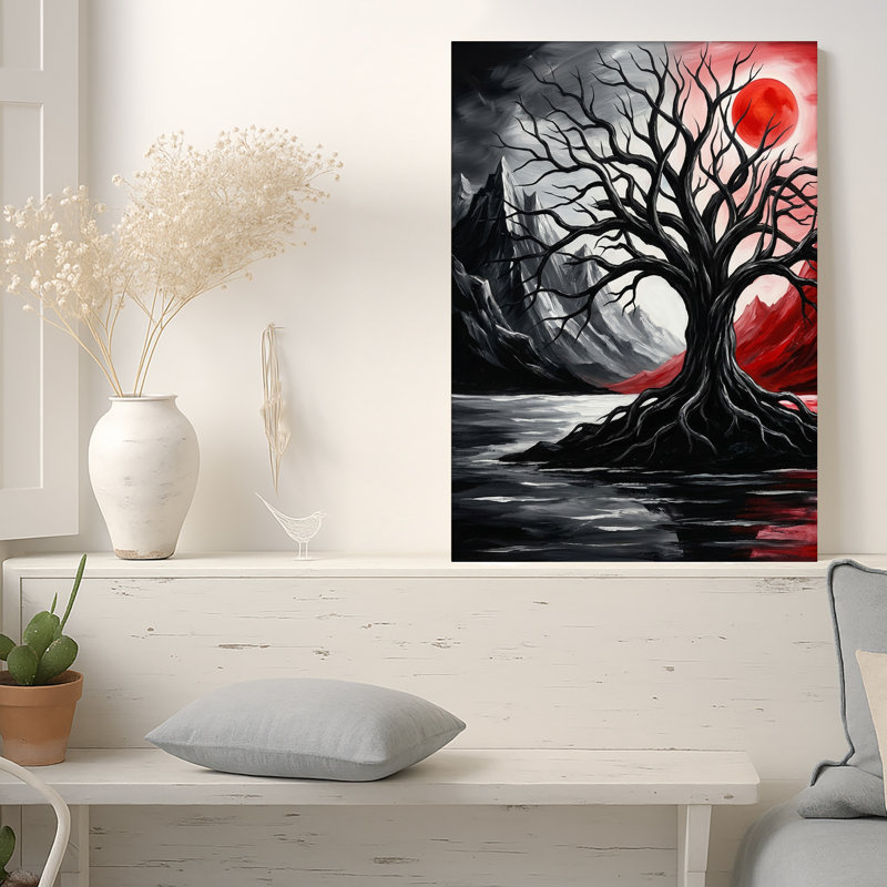 Art mural sur toile noir sans feuilles avec soleil rouge et montagnes, H 30 po x l 20 po