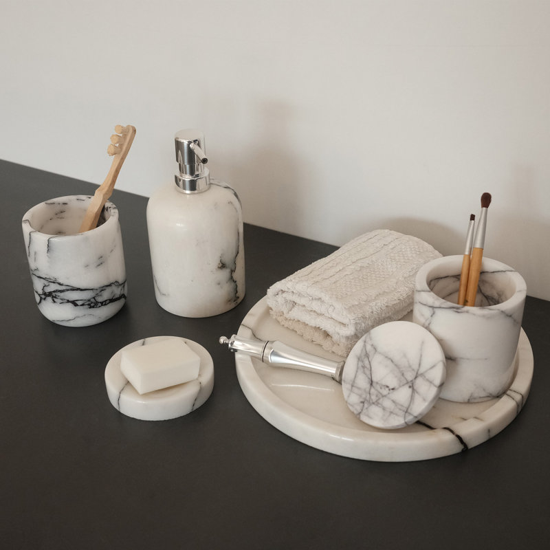 Ensemble de salle de bain luxueux 5 pièces, marbre 100% sicilien Lila, plateau de meuble-lavabo 10,6 po, distributeur de savon 3,5 po x 4,7 po, porte-brosse à dents et support Q-Tip 3,5 po x 4,0 po, couleur blanche élégante pour les salles de bain et les spas modernes