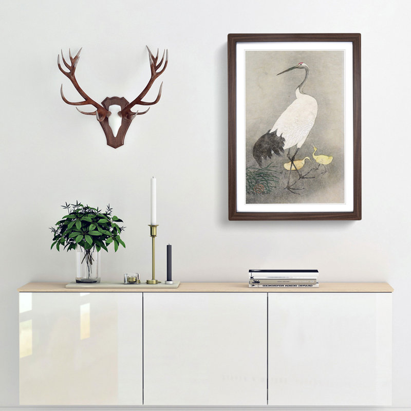 Crane & Chicks by Ohara Koson - Picture Frame Painting Print, 65cm H x 48cm W x 2cm D, Walnut Framed