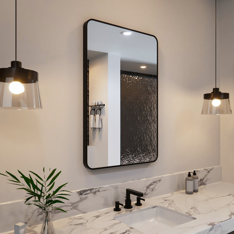 Round Metal Frame Hanging Wall Bathroom Mirror, Matte Black, 36' x 24"