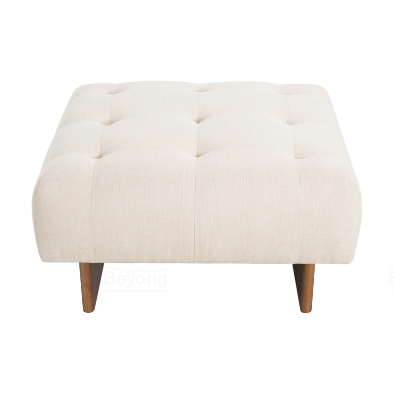Square Upholstered Tufted Linen Fabric Ottoman, Solid Wood Legs, Beige, 16.5" H x 31.5" W x 31.5" D