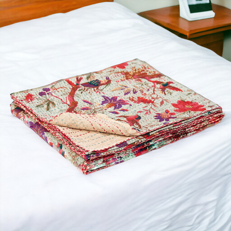 50" x 70" Pink and Ivory Kantha Cotton Floral Embroidered Throw Blanket