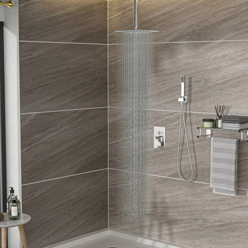 Dual Shower Head - 10 Inch Ceiling Mount With Rainfall And Handheld, Easy To Clean Nozzle Square In Mount, Handheld For Comfort