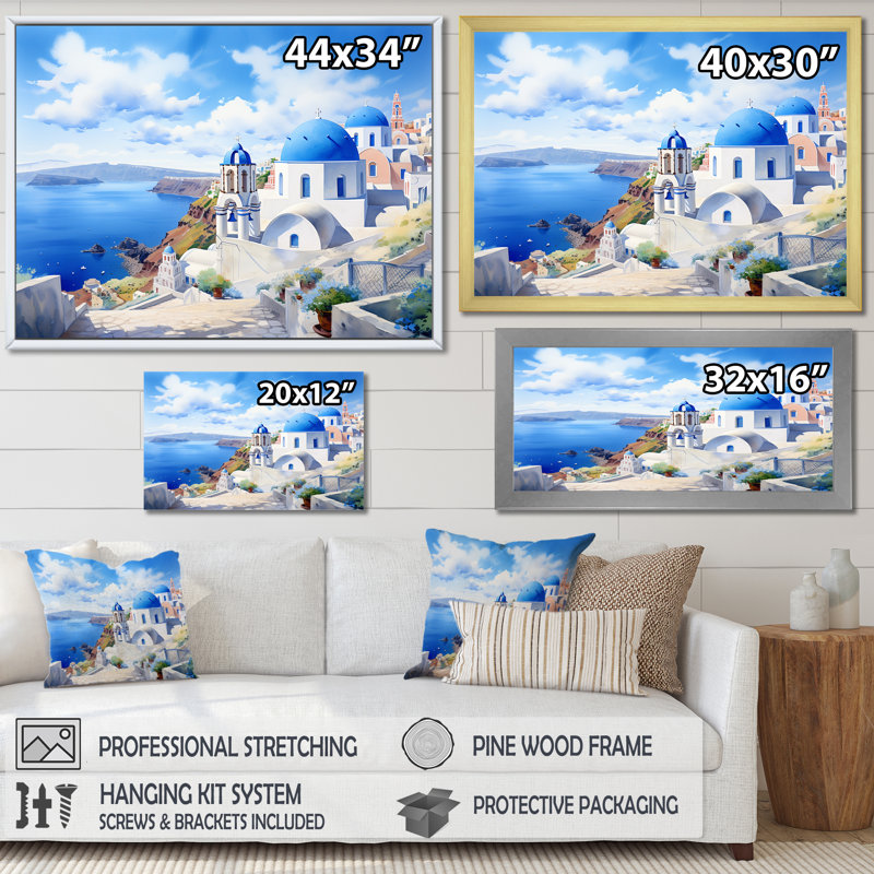 Santorini, Grèce, bord de mer, village sérénité II - Grèce, art mural, Toile tendue, H 24 po x l 32 po x P 1 po