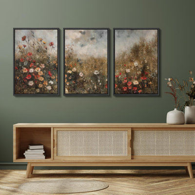 " Autumnal Flora Abstract Flower Field Contemporary Illustration Rustic Decor Multicolor Chic " 3 - Pieces on