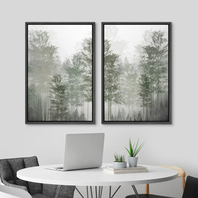 IDEA4WALL Framed Canvas Print Wall Art Pastel Watercolor Bamboo Misty Fog Forest Tree Wilderness Nature Illustrations Modern Art Decorative Calm/Relax Multicolor Rustic Minimal For Bedroom - 2 Piece Floater Frame Print Set on Canvas