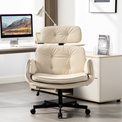 Fauteuil de maquillage beige avec siège réglable, à roulettes et large pour les jambes, pivotant à 360 °, cuir d'unité centrale, siège stable et confortable, bureau à 6 vitesses pivotant amovible
