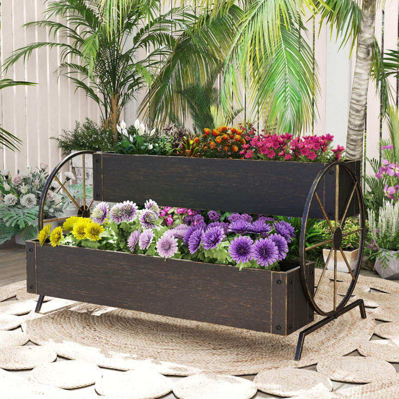 Rectangle Outdoor Metal Garden Planter, Terrace Decorative Planter with Drainage Holes, Gold