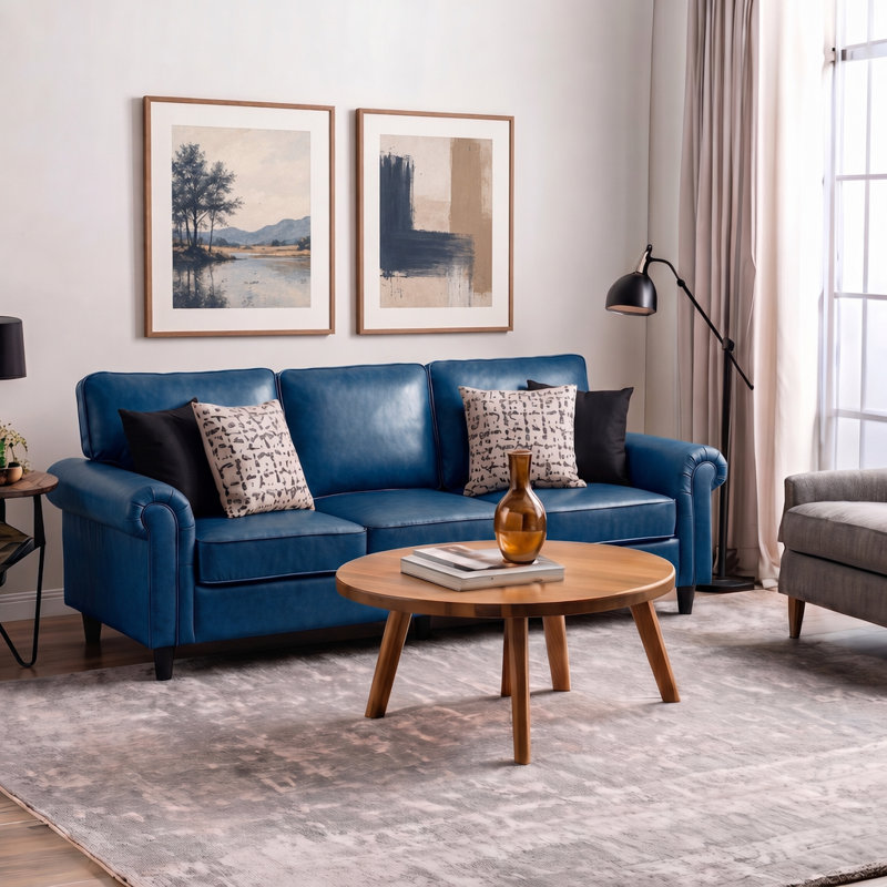 Luelle 82.7" W Chenille Rolled Arm Sofa, Faux Leather / Royal Blue